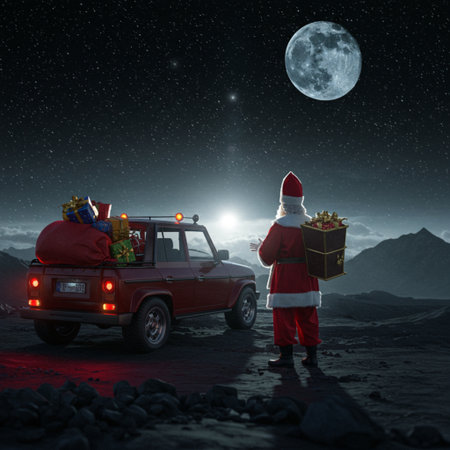 Santa Claus with a sack of gifts on the roof of a car.の素材