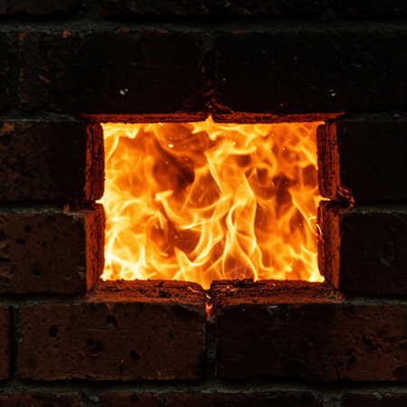 fire in a brick wall, close up of a fire in a brick wallの素材
