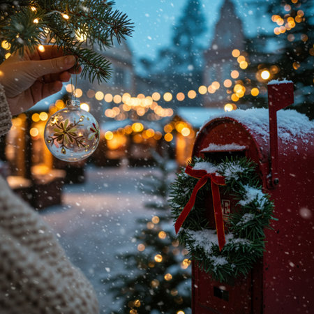 Woman's hand holding a Christmas ball in front of red mailbox on the background of Christmas decorationsの素材