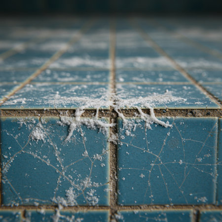 Ceramic tile floor covered with snow in a bathroom. Close up.の素材