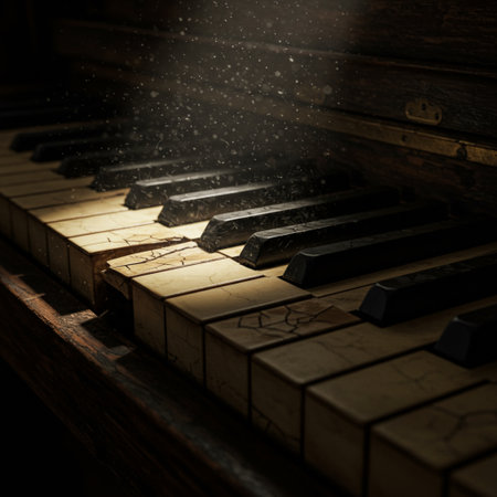 Piano keys with smoke coming out of the instrument. Selective focus.の素材