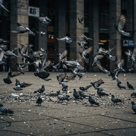 A flock of pigeons flying in the city on a rainy day.の素材