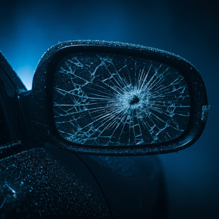Broken mirror of a car on a dark background. Blue tintの素材