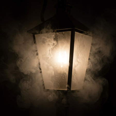 Vintage street lamp on a black background with smoke and fog.の素材