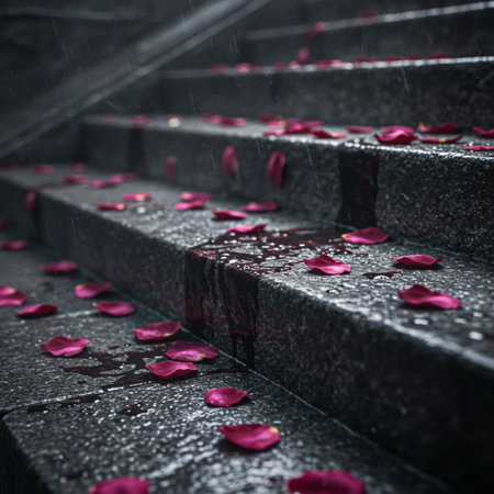 Wet stairs with rose petals in rainy day. Selective focus.の素材