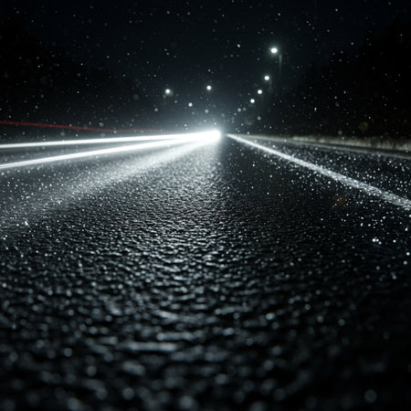 Car lights trails on a wet asphalt road at night. Abstract backgroundの素材