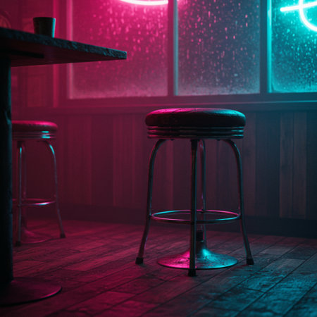 Wooden bar stools in a dark room with neon lights.の素材
