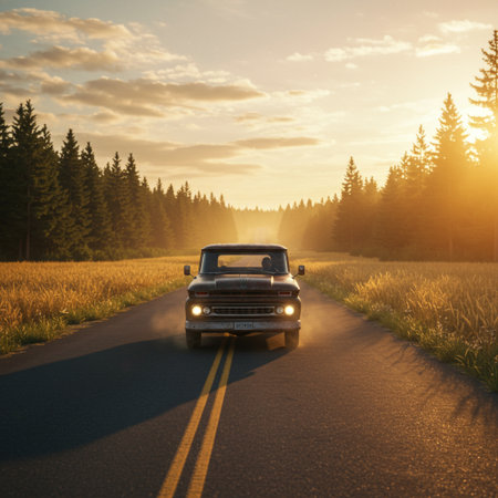 Old car on the road at sunset. The concept of travel.の素材