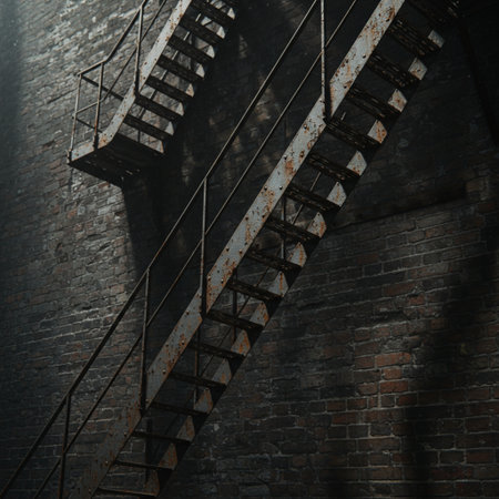 Old metal fire escape stairs on a brick wall. 3d renderingの素材