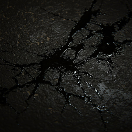 Cracked asphalt surface with water drops. Abstract background and texture for design.の素材