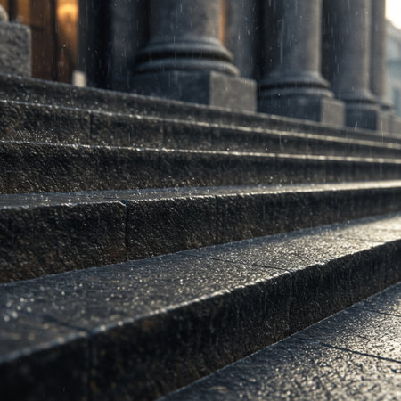 Detail of stone stairs in the rain. Close-up.の素材