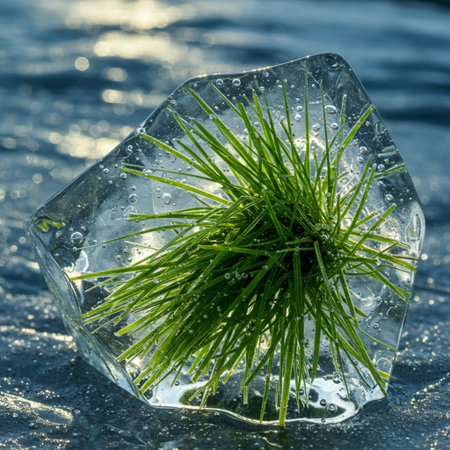 Green grass growing in ice cube on water background. Closeup.の素材