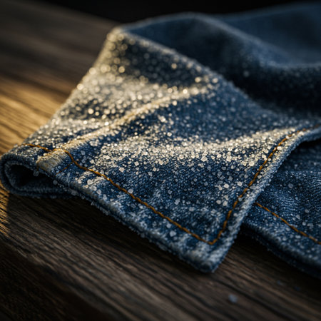 Jeans pocket with snowflakes on wooden background. Selective focus.の素材