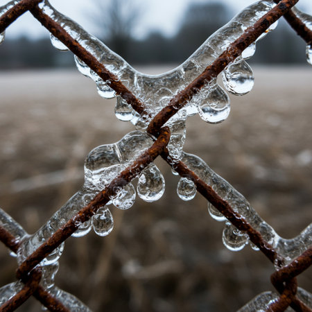 Frozen ice crystals on a lattice fence. Winter landscape.の素材