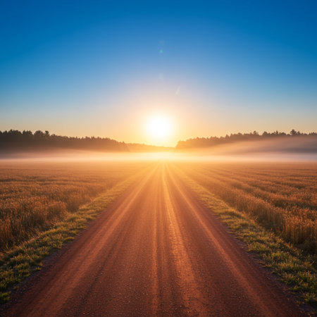 Sunrise over a country road in summer with a fog in the backgroundの素材