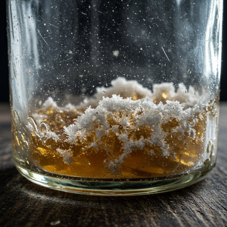 Glass of whiskey with ice cubes on a wooden table, selective focusの素材