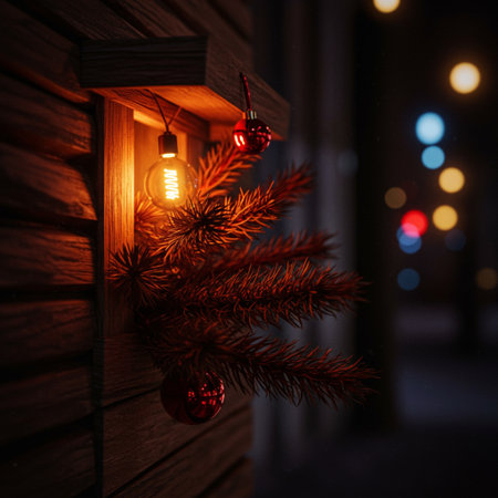 Christmas decoration on the wooden wall. Festive background with copy space.の素材