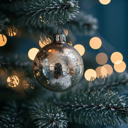 Christmas decoration on the Christmas tree. Festive background with bokeh.の素材