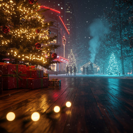 Winter city street with christmas tree and lights. Christmas background.の素材