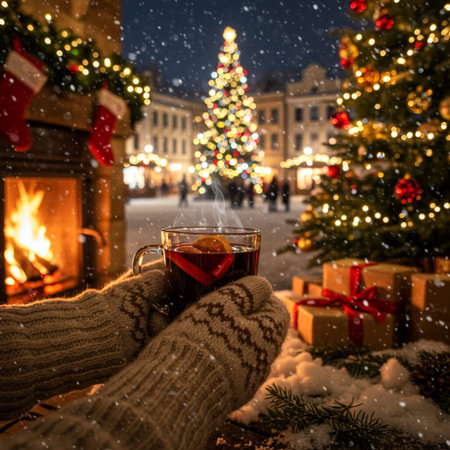 Female hands in warm mittens holding a cup of hot mulled wine on the background of a Christmas tree and a fireplaceの素材