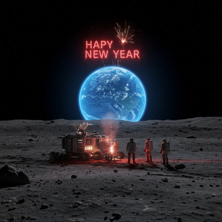 Happy new year text with astronaut and house on the moon background.の素材