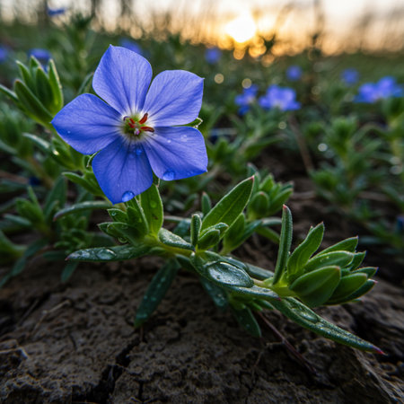 A closeup shot of a blue flower in the field at sunsetの素材