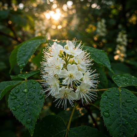 Beautiful white flowers in the garden at sunrise. Spring background.の素材