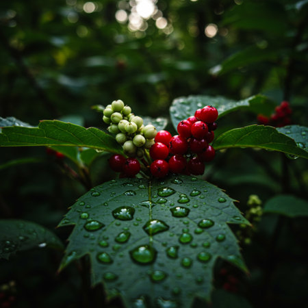 Red berries of viburnum with raindrops on a green backgroundの素材