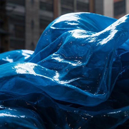 close up of blue polyethylene fabric on a construction site.の素材