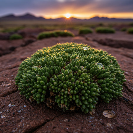 Green moss on a rock in the desert at sunset. Natural backgroundの素材