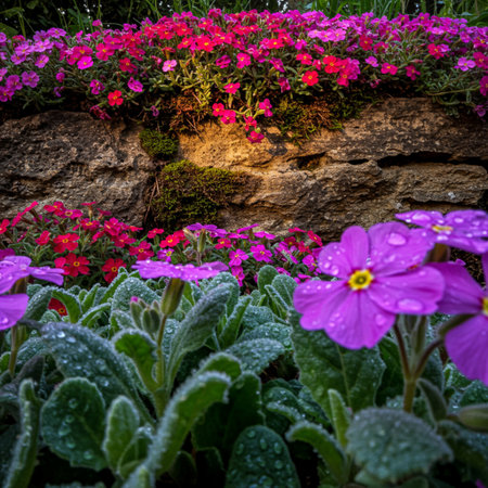 Colorful primula flowers in the garden with stone wall background.の素材