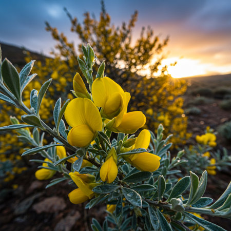Yellow flowers of Crotalaria juncea on the background of the sunsetの素材