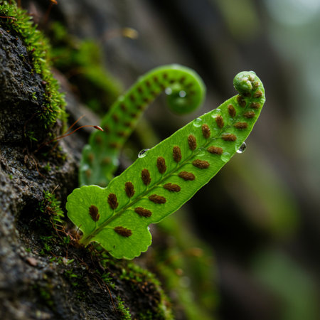 Fern leaf with dew drops on a rock in the forestの素材