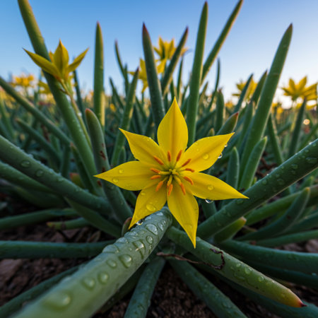 Beautiful yellow flower of aloe vera plant with water dropsの素材