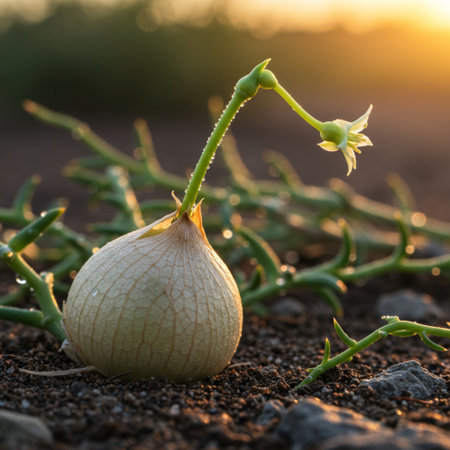 onion seedling on the ground in the morning light, nature backgroundの素材