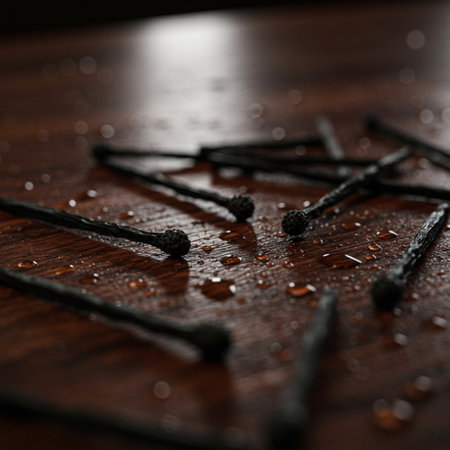 Black burnt matches on a wooden table. Selective focus. Shallow depth of fieldの素材
