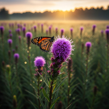 A monarch butterfly sits on a purple flower in a field at sunrise.の素材