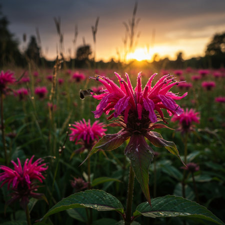 Bee on a bergamot flower at sunset in the gardenの素材