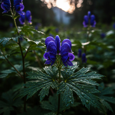 Aconitum majus in the forest at sunrise. Macro.の素材