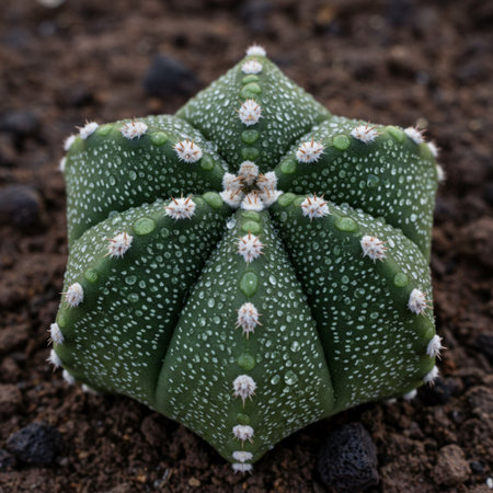 Cactus in a pot with water droplets on the leaves.の素材