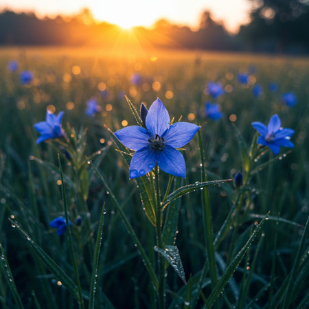 Beautiful blue flowers on the meadow at sunset. Natural background.の素材