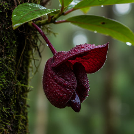 Raindrops on a red flower in the rainforest of Costa Ricaの素材