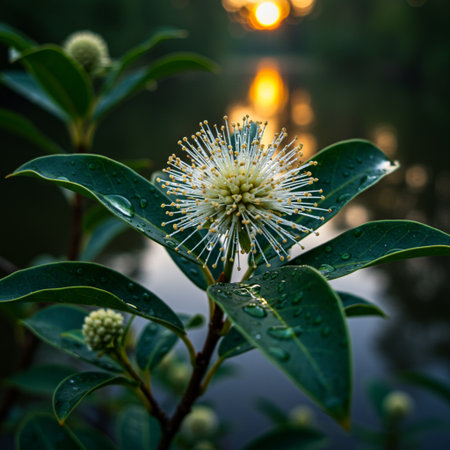 Beautiful white flower with water drops on the green leaves at sunsetの素材