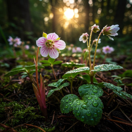 Beautiful spring flowers in the forest at sunset. First spring flowers.の素材
