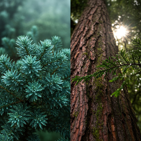 Pine tree in the forest before and after the rain. Collage.の素材