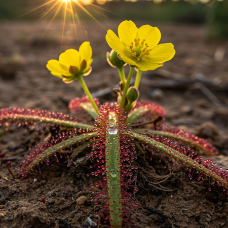 Flowering plant with dew drops in the early morning.の素材