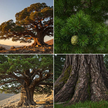 Collage of photos of pine tree in the mountains. Nature backgroundの素材