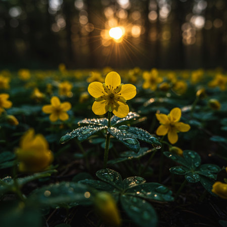 Beautiful yellow flowers of anemone in the forest at sunset.の素材