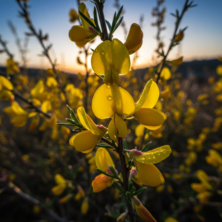 Beautiful yellow flowers of blooming gorse (Forsythia officinalis)の素材