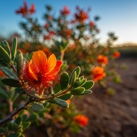 Flowering bush with red flowers at sunset in the desert.の素材